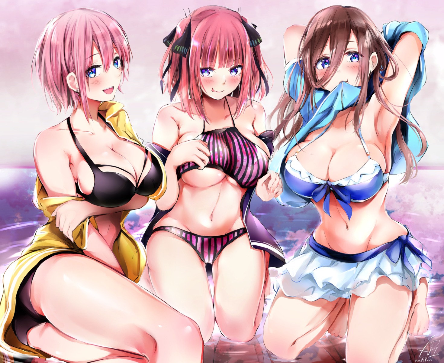 5-toubun_no_hanayome ass bikini breast_hold cleavage nakano_ichika nakano_miku nakano_nino neofreet open_shirt swimsuits underboob undressing wet