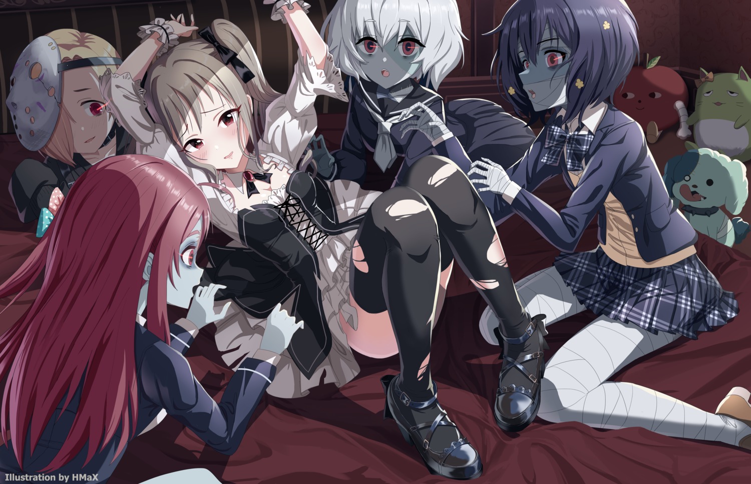 bandages crossover heels hmax kanzaki_ranko konno_junko lolita_fashion minamoto_sakura mizuno_ai seifuku shirasaka_koume skirt_lift sweater the_idolm@ster the_idolm@ster_cinderella_girls thighhighs torn_clothes zombieland_saga