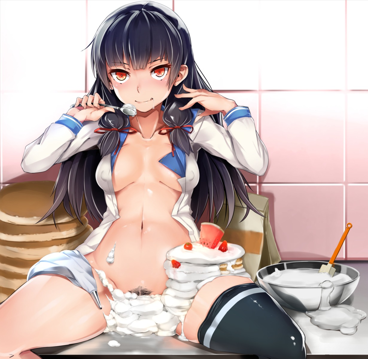 amane_(amane05lemon) bottomless cream erect_nipples isokaze_(kancolle) kantai_collection open_shirt pubic_hair seifuku thighhighs