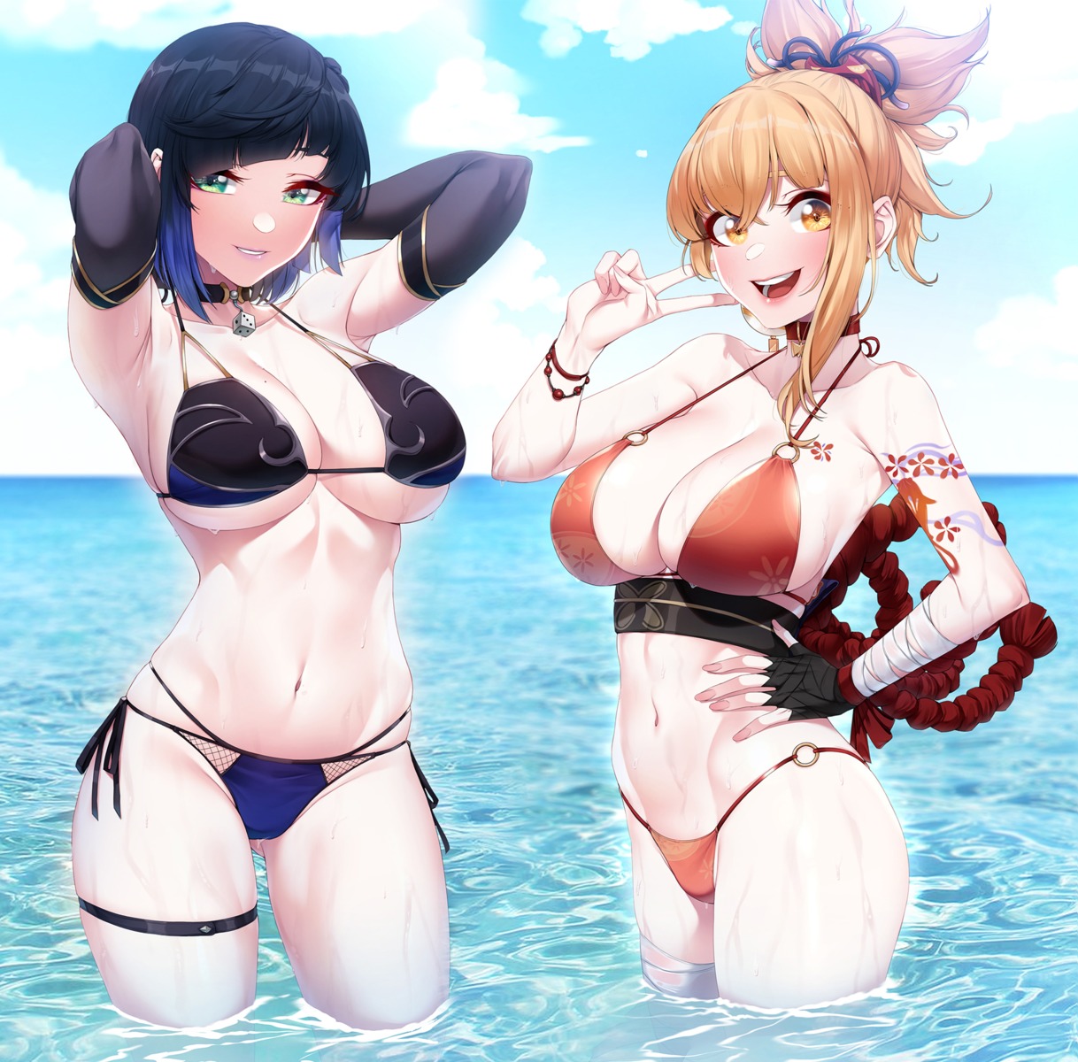 akchu bandages bikini garter genshin_impact swimsuits tattoo wet yelan yoimiya