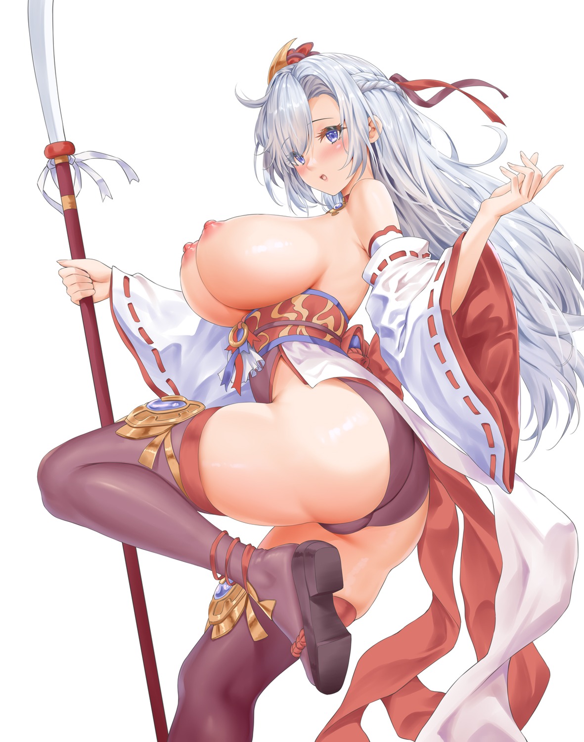 ass breasts japanese_clothes nipples no_bra pantsu skirt_lift thighhighs toyoman weapon
