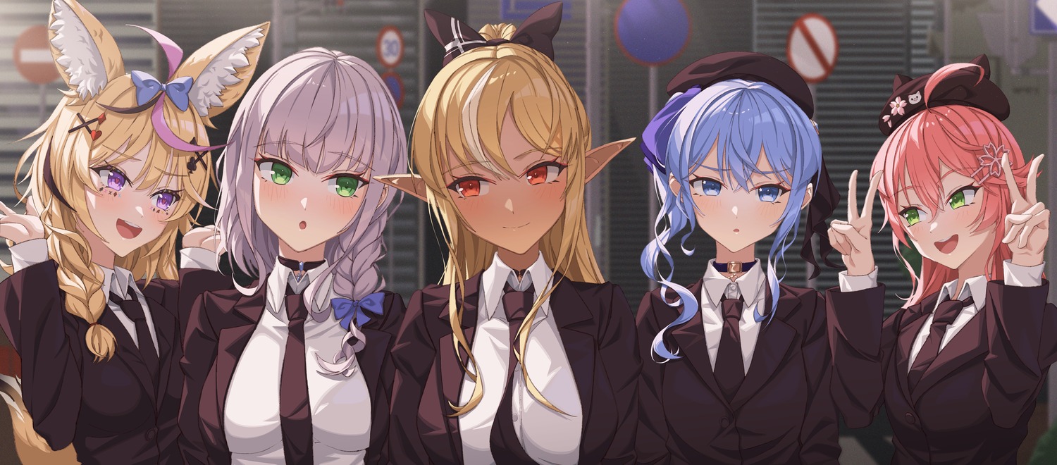 animal_ears business_suit elf hololive hoshimachi_suisei hyunwoo omaru_polka pointy_ears sakura_miko shiranui_flare shirogane_noel