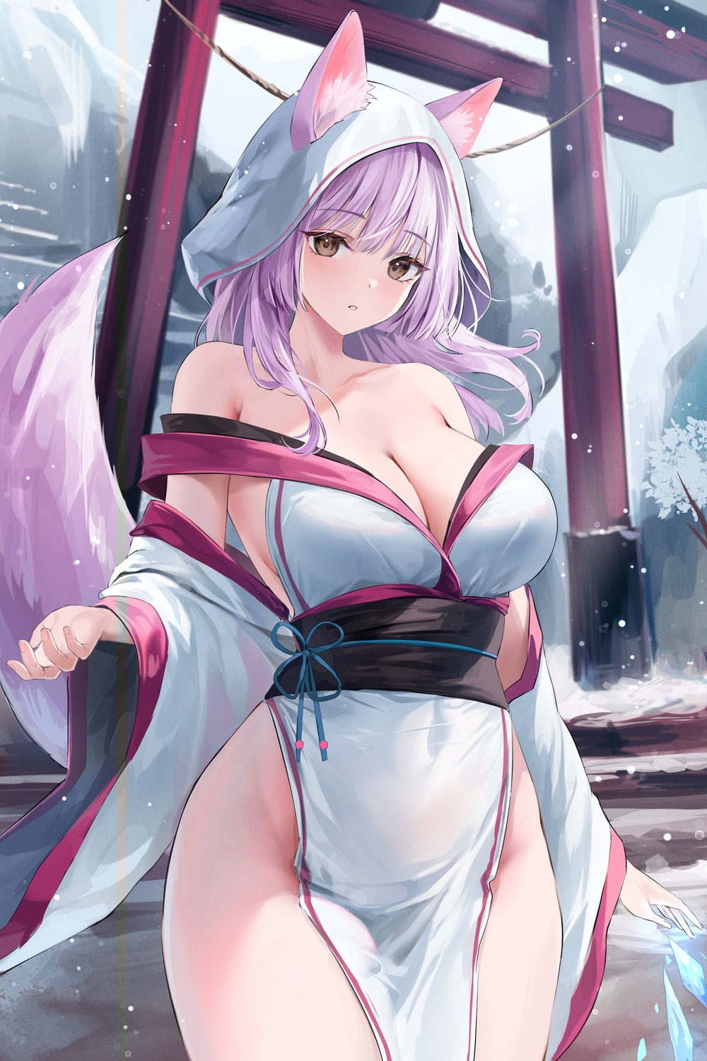 animal_ears japanese_clothes kitsune lillly no_bra open_shirt tail