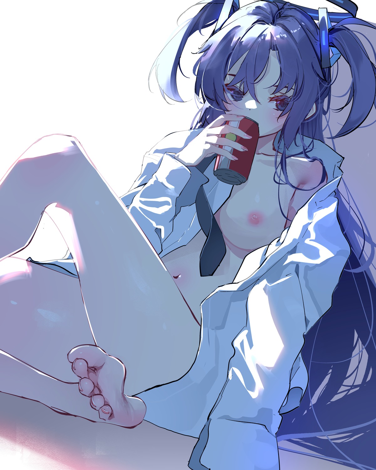 blue_archive breasts dress_shirt feet halo hayase_yuuka nipples no_bra sydus