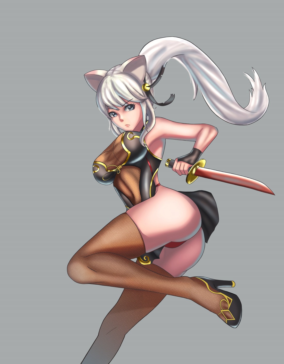 animal_ears ass chinadress epko fishnets heels lost_saga nekomimi no_bra pantsu see_through skirt_lift sword thighhighs thong weapon