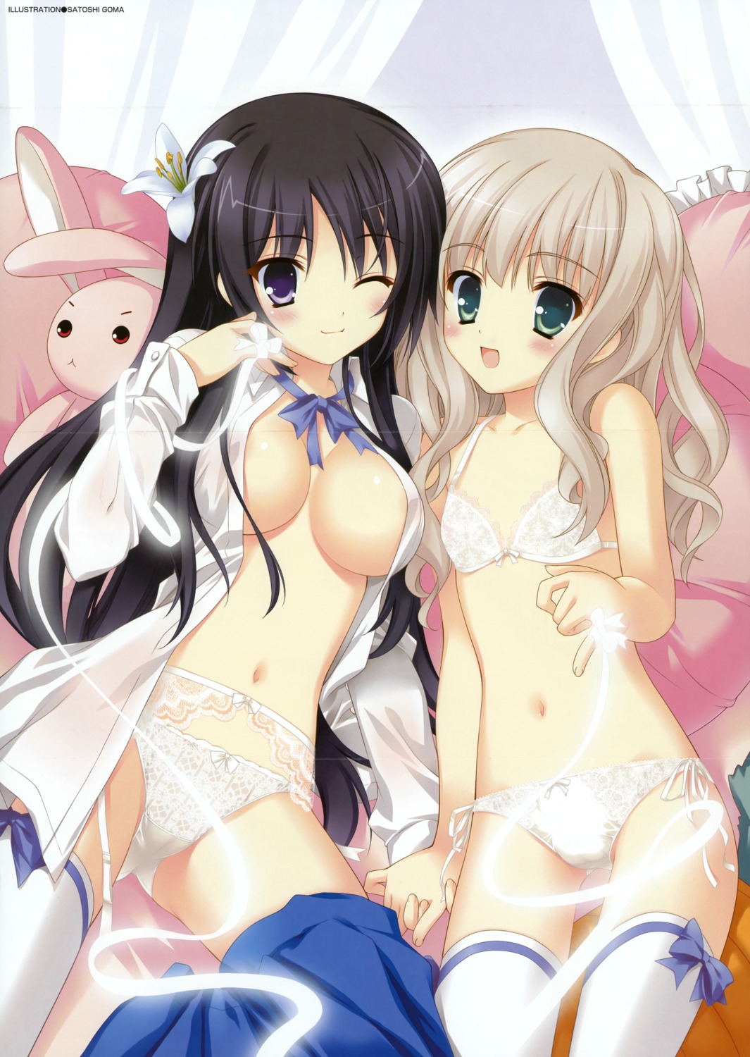 areola bra cameltoe cleavage crease dress_shirt garter_belt goma_satoshi lingerie loli no_bra open_shirt pantsu stockings string_panties thighhighs undressing yuri