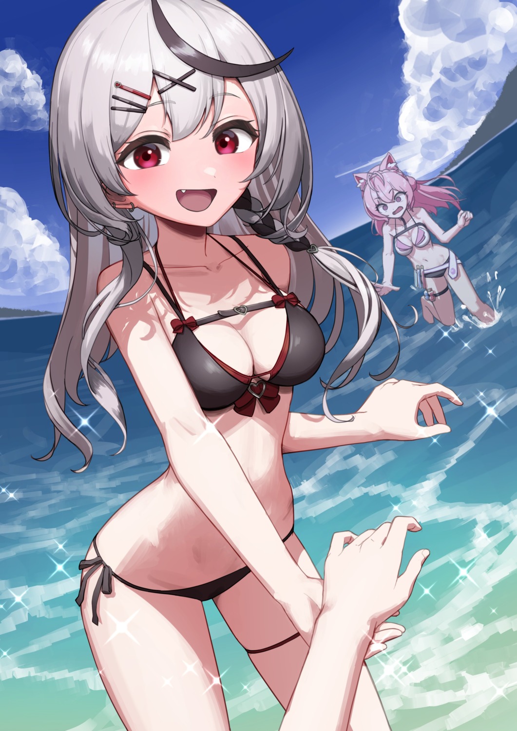 animal_ears arimoto_wataru bikini cleavage garter hakui_koyori hololive sakamata_chloe swimsuits wet