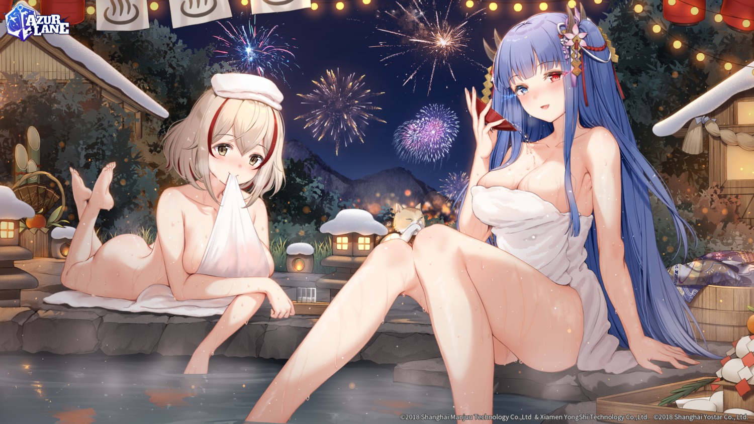 azur_lane heterochromia ibuki_(azur_lane) maya_g naked neko onsen roon_(azur_lane) sake see_through towel wet