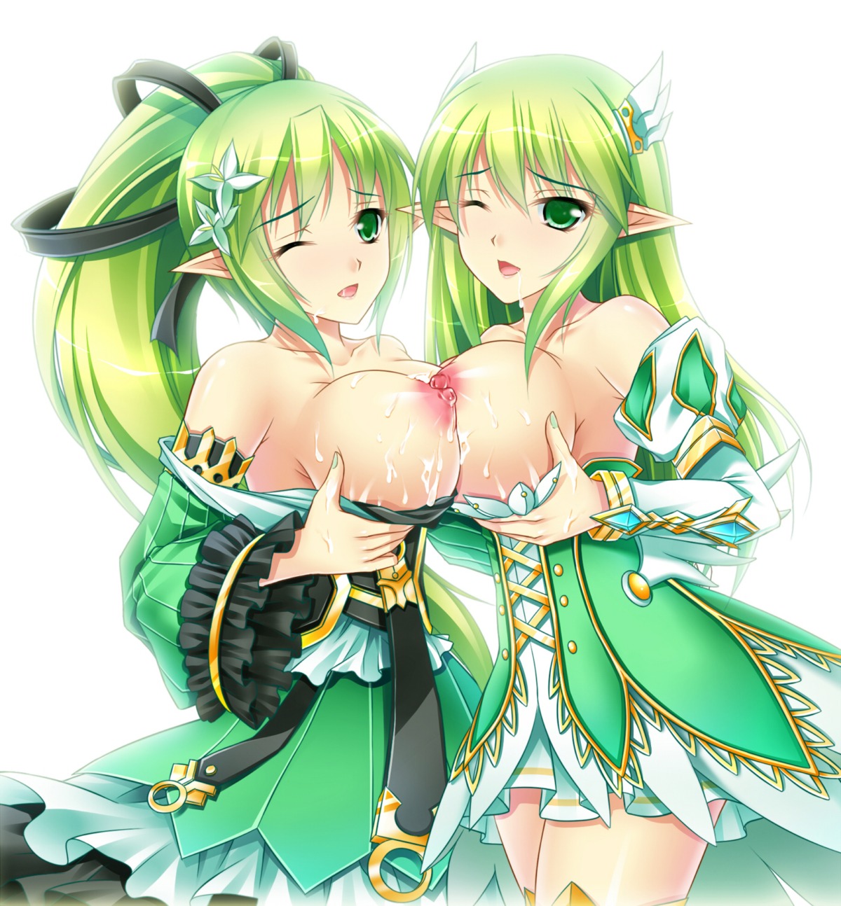 breasts cum elf elsword kirara0831 nipples pointy_ears rena_(elsword) symmetrical_docking thighhighs