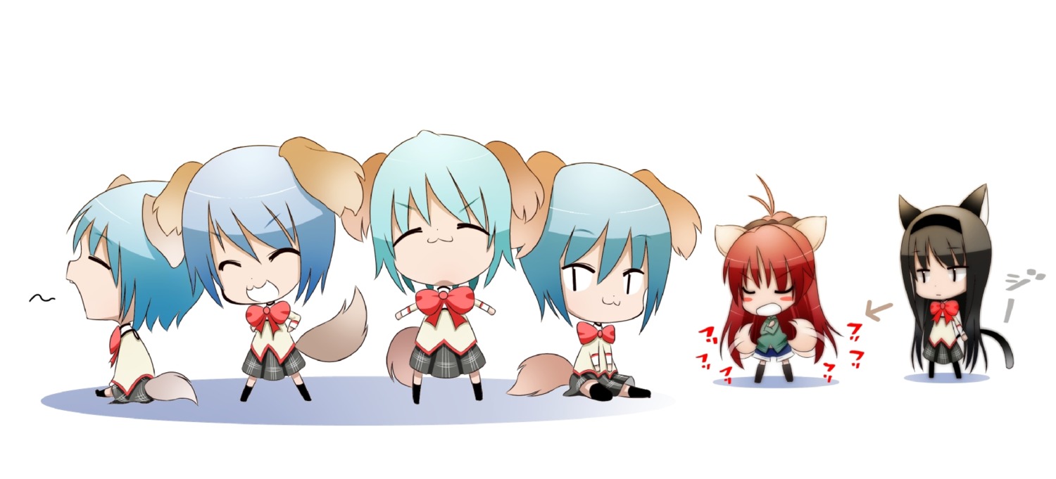 akemi_homura animal_ears chibi mahou_shoujo_madoka_magica miki_sayaka p9 sakura_kyouko seifuku tail