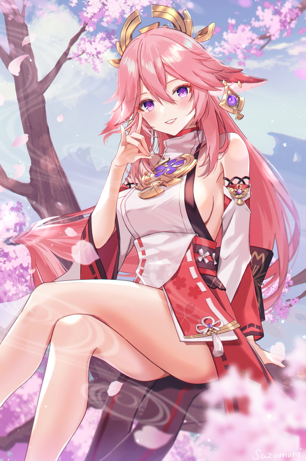 animal_ears genshin_impact japanese_clothes kitsune no_bra su2525 yae_miko