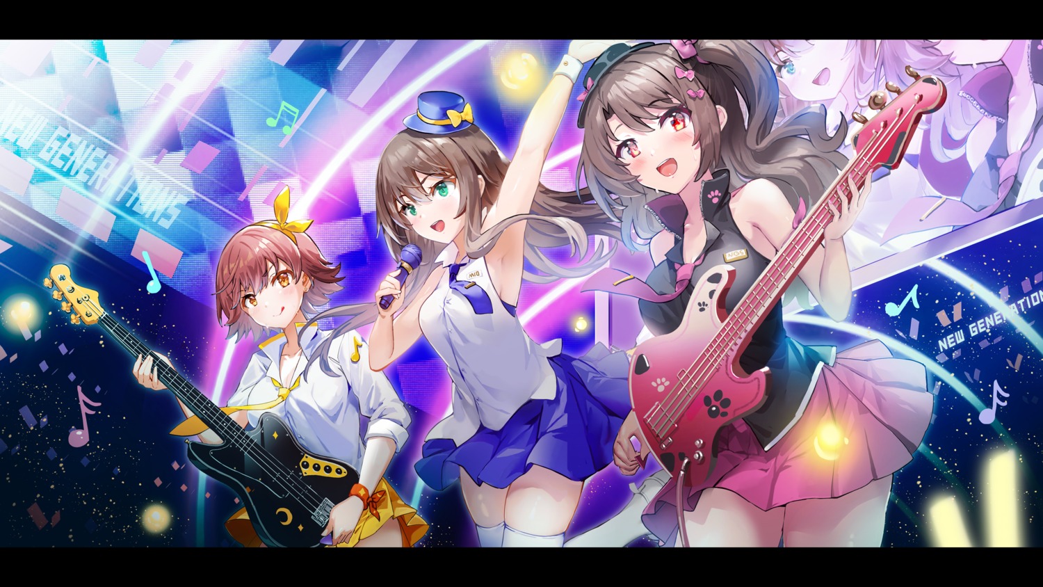 guitar honda_mio rods shibuya_rin shimamura_uzuki skirt_lift the_idolm@ster the_idolm@ster_cinderella_girls thighhighs wallpaper