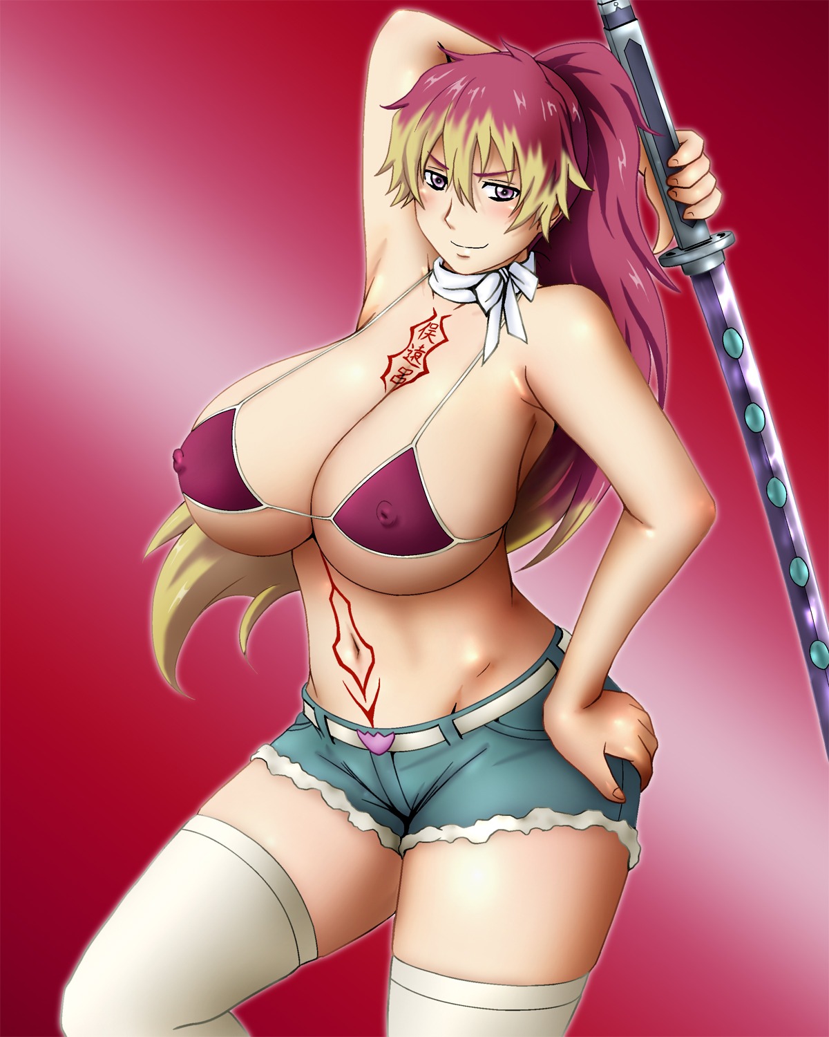 ao_no_exorcist bikini_top erect_nipples inomaru kirigakure_shura swimsuits sword tattoo thighhighs