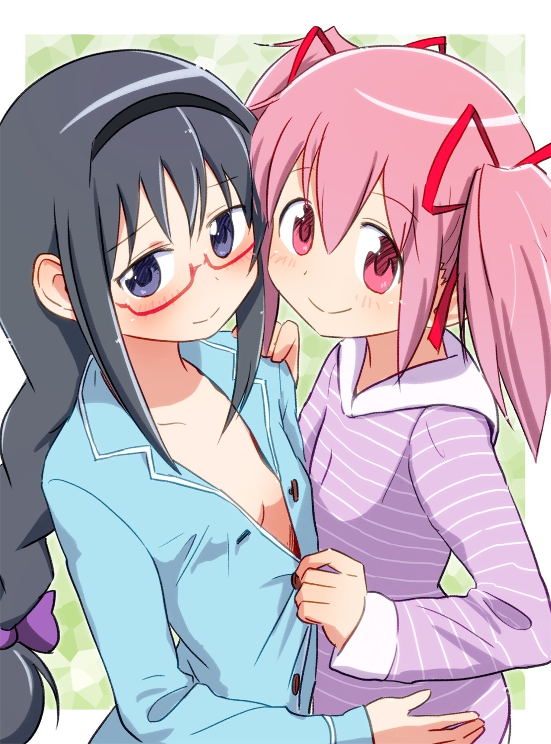 akemi_homura cleavage kaname_madoka loli megane no_bra open_shirt pajama puella_magi_madoka_magica sat-c undressing yuri