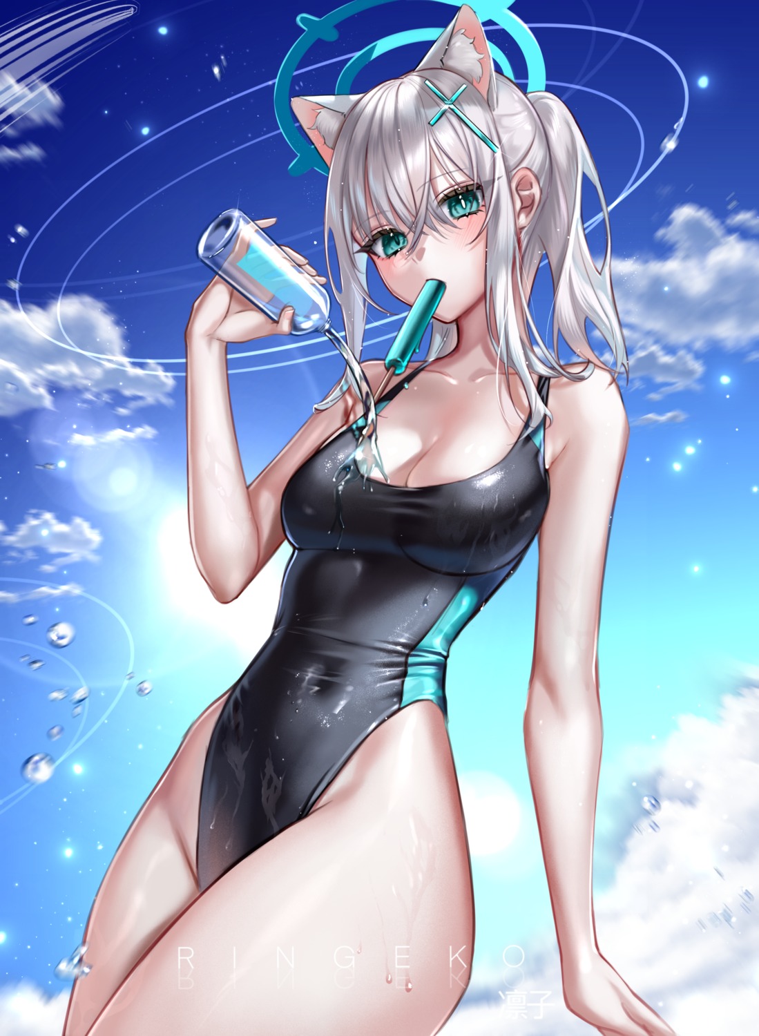 animal_ears blue_archive halo nekomimi ringeko-chan sunaookami_shiroko swimsuits wet