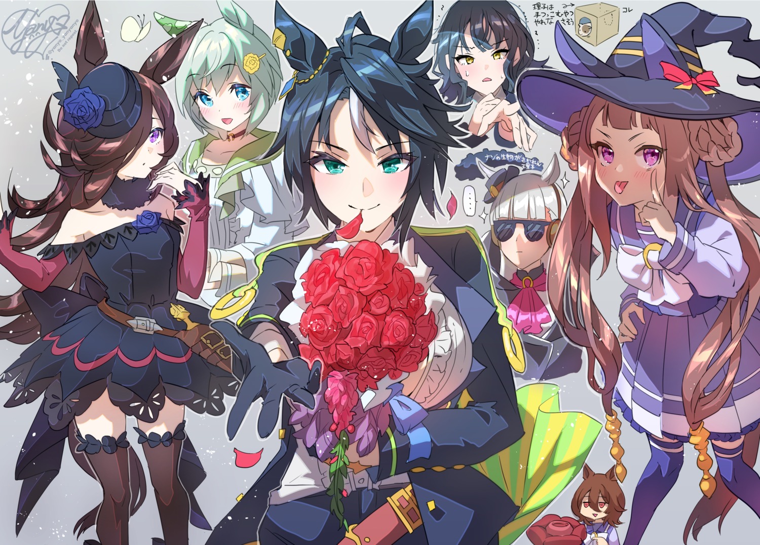 agnes_tachyon_(umamusume) animal_ears fuji_kiseki_(umamusume) garter gold_ship_(umamusume) megane rice_shower_(umamusume) seifuku seiun_sky_(umamusume) sweep_tosho_(umamusume) tail thighhighs uma_musume_pretty_derby uniform weapon witch yanyo_(ogino_atsuki)