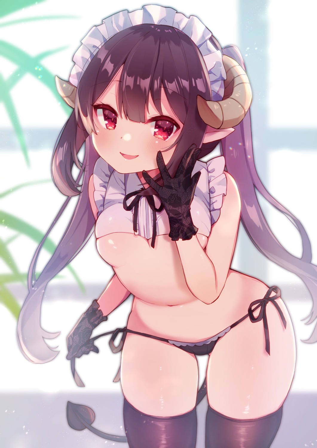 ebihara_beniko horns maid no_bra pantsu pointy_ears string_panties tail thighhighs