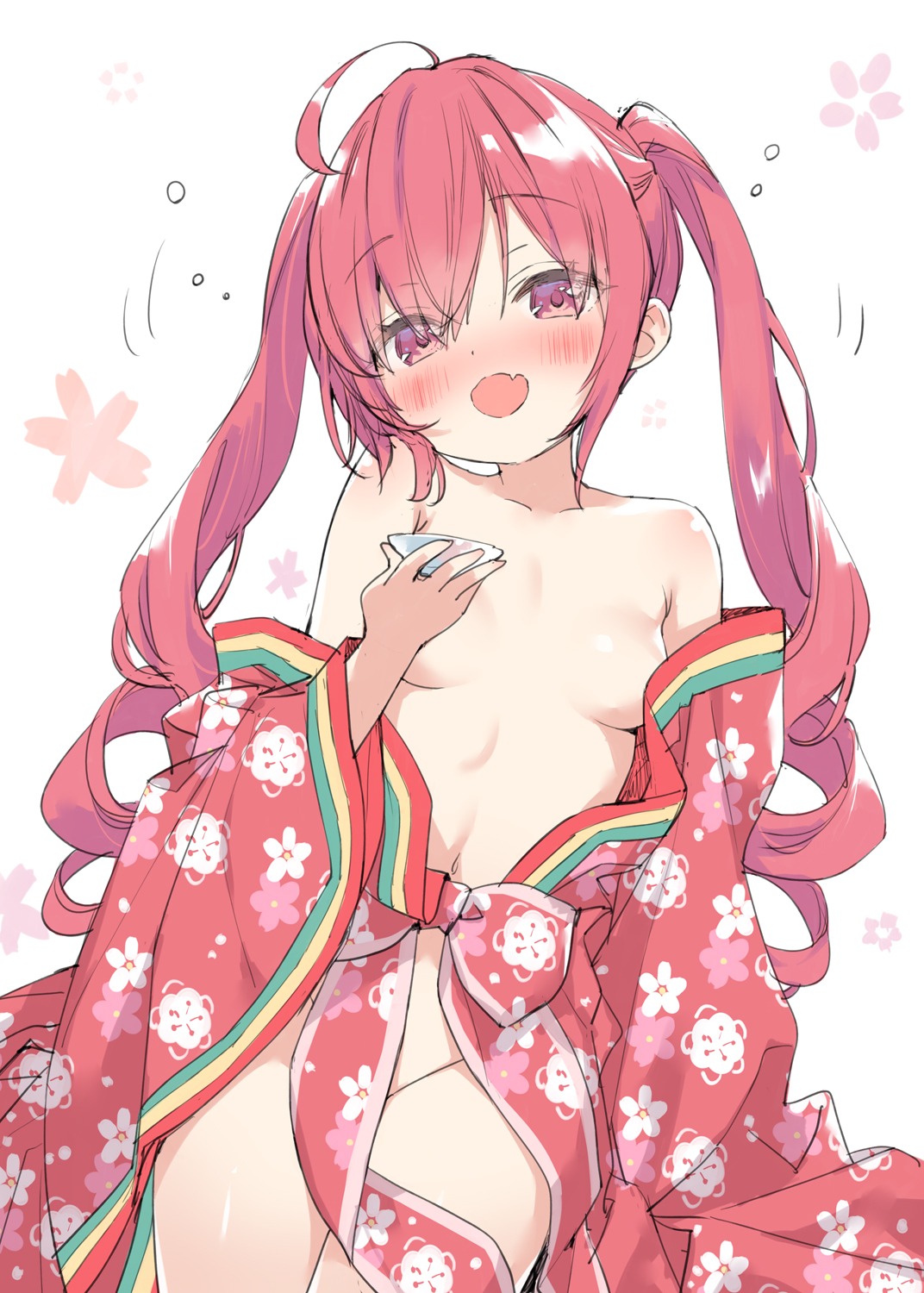 breasts hazuki_watora kani_biimu loli no_bra nopan open_shirt sake skirt_lift yukata