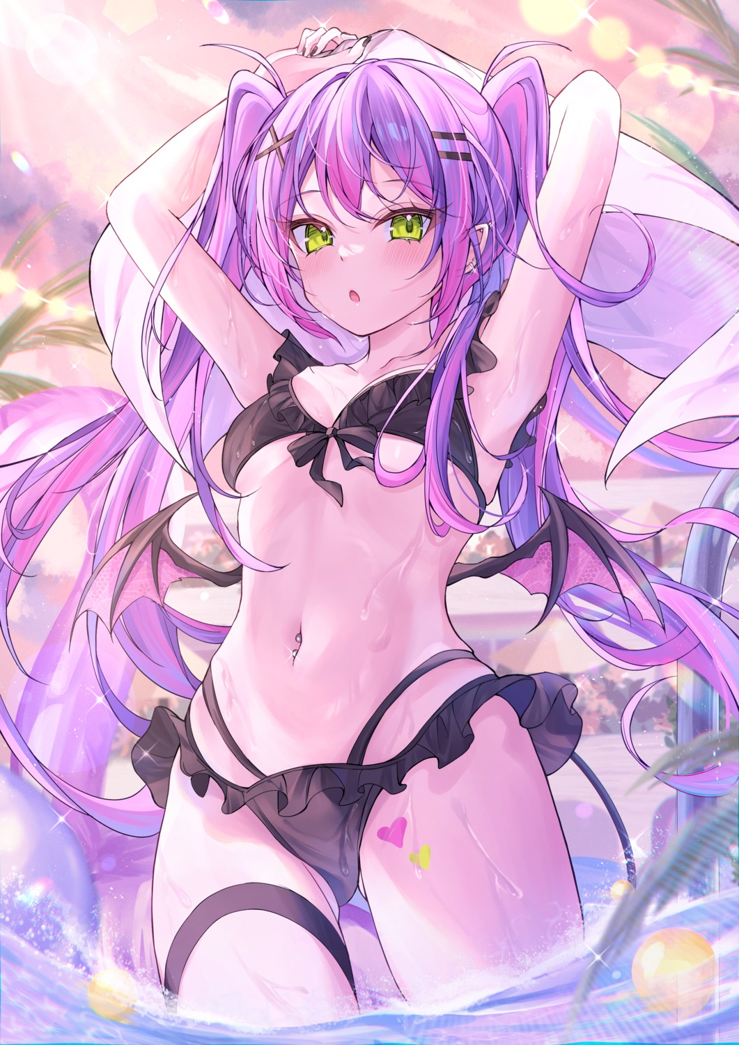 bikini garter hololive pointy_ears ririge swimsuits tail tattoo tokoyami_towa wet wings