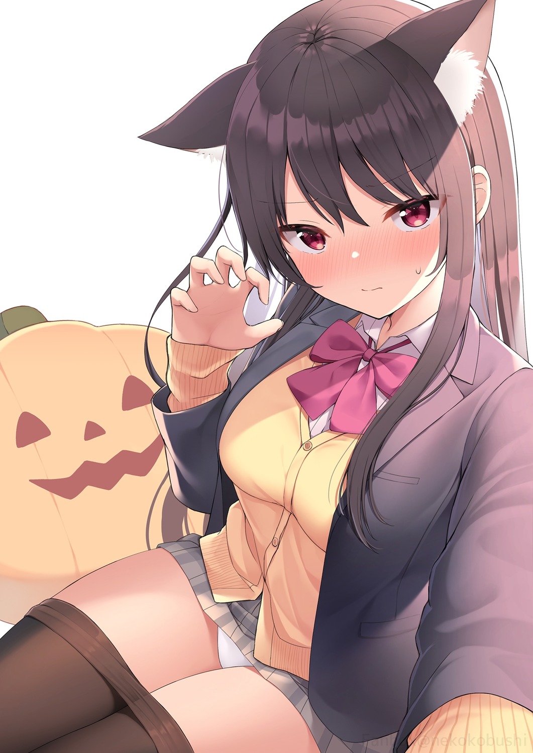 animal_ears halloween nekokobushi pantsu pantyhose seifuku selfie skirt_lift sweater