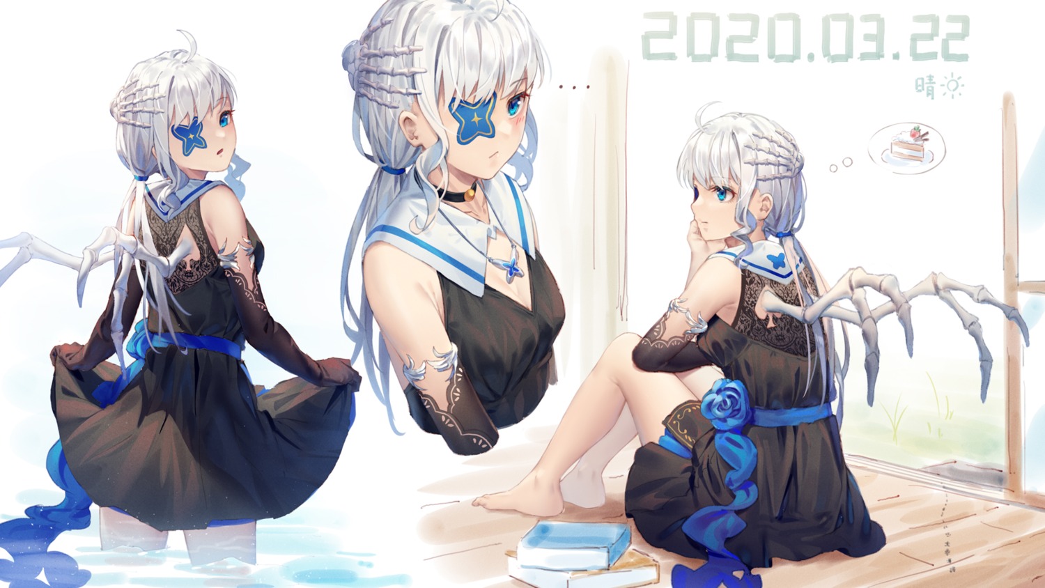 cleavage dress eyepatch ji_dao_ji skirt_lift wet wings