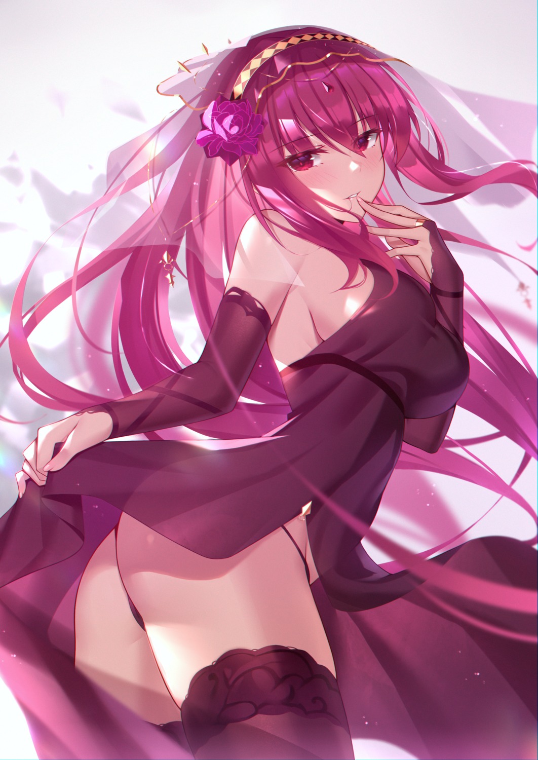 ass black_fire dress fate/grand_order no_bra pantsu scathach_(fate/grand_order) see_through skirt_lift thighhighs thong