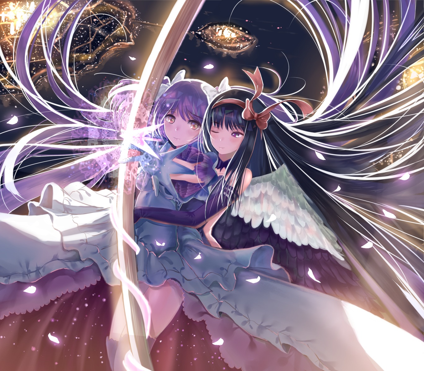 akemi_homura dress kaname_madoka nick_(nikek96) puella_magi_madoka_magica thighhighs ultimate_madoka weapon wings