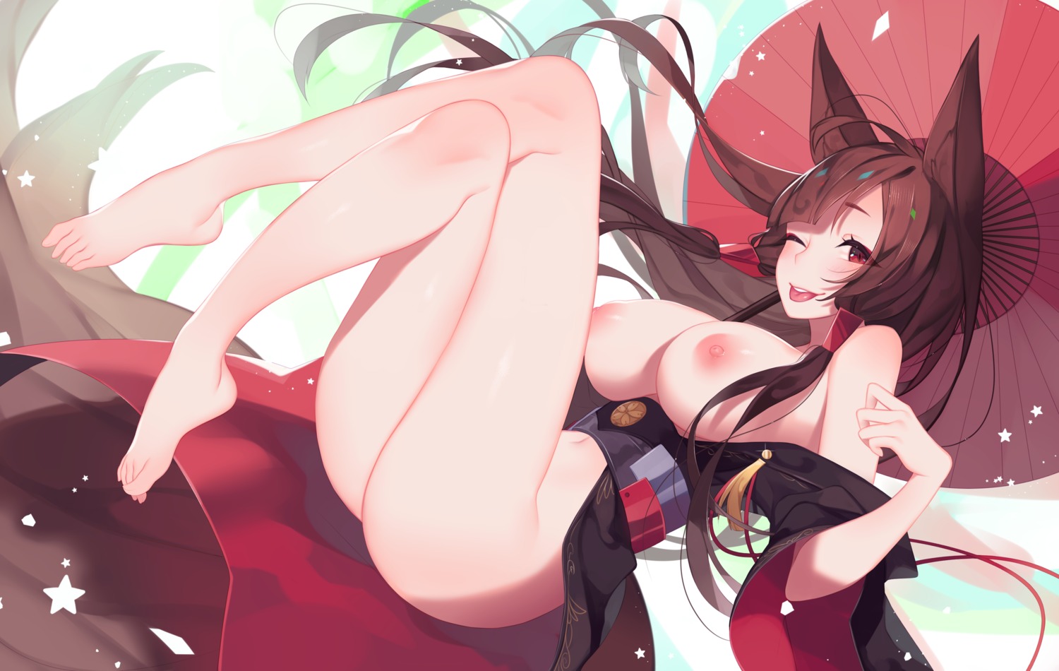 akagi_(azur_lane) animal_ears azur_lane breasts japanese_clothes nanoless nipples no_bra nopan open_shirt tail umbrella