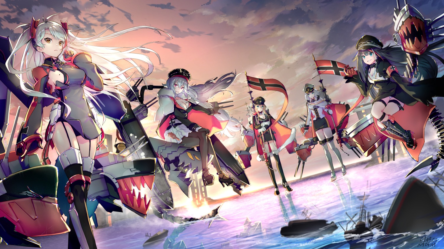 artist_revision azur_lane bismarck_(azur_lane) cleavage deutschland_(azur_lane) garter graf_zeppelin_(azur_lane) heels katana_canata pantsu pantyhose prinz_eugen_(azur_lane) stockings thighhighs tirpitz_(azur_lane) uniform