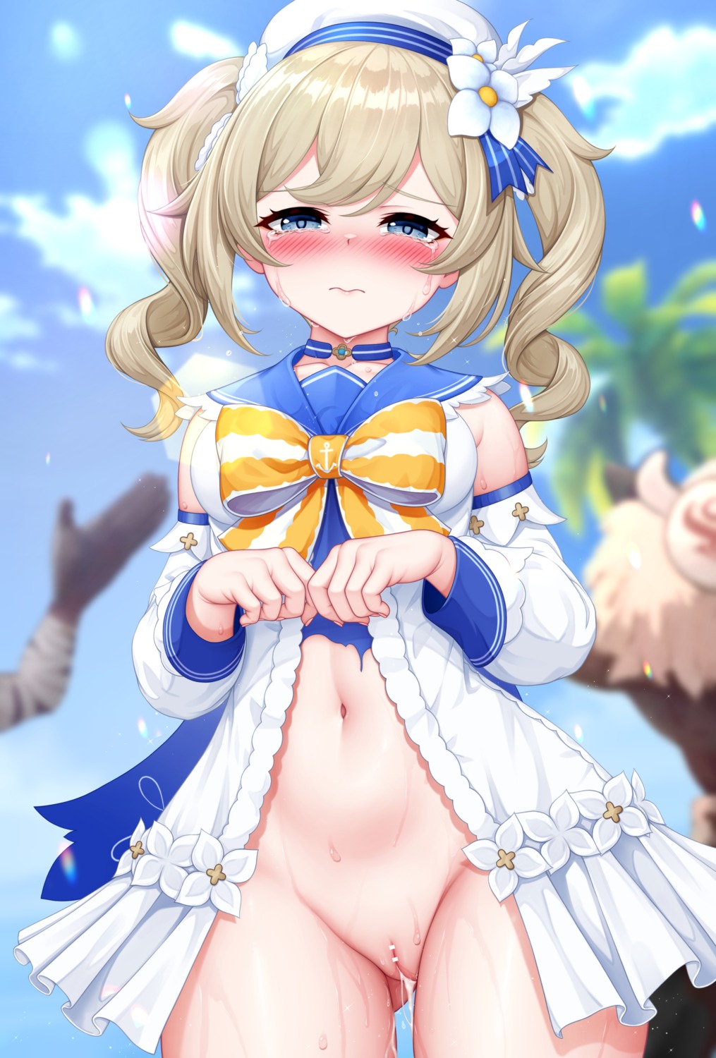 barbara_(genshin_impact) censored cum dress genshin_impact jc_shikikan nopan open_shirt pussy torn_clothes wet