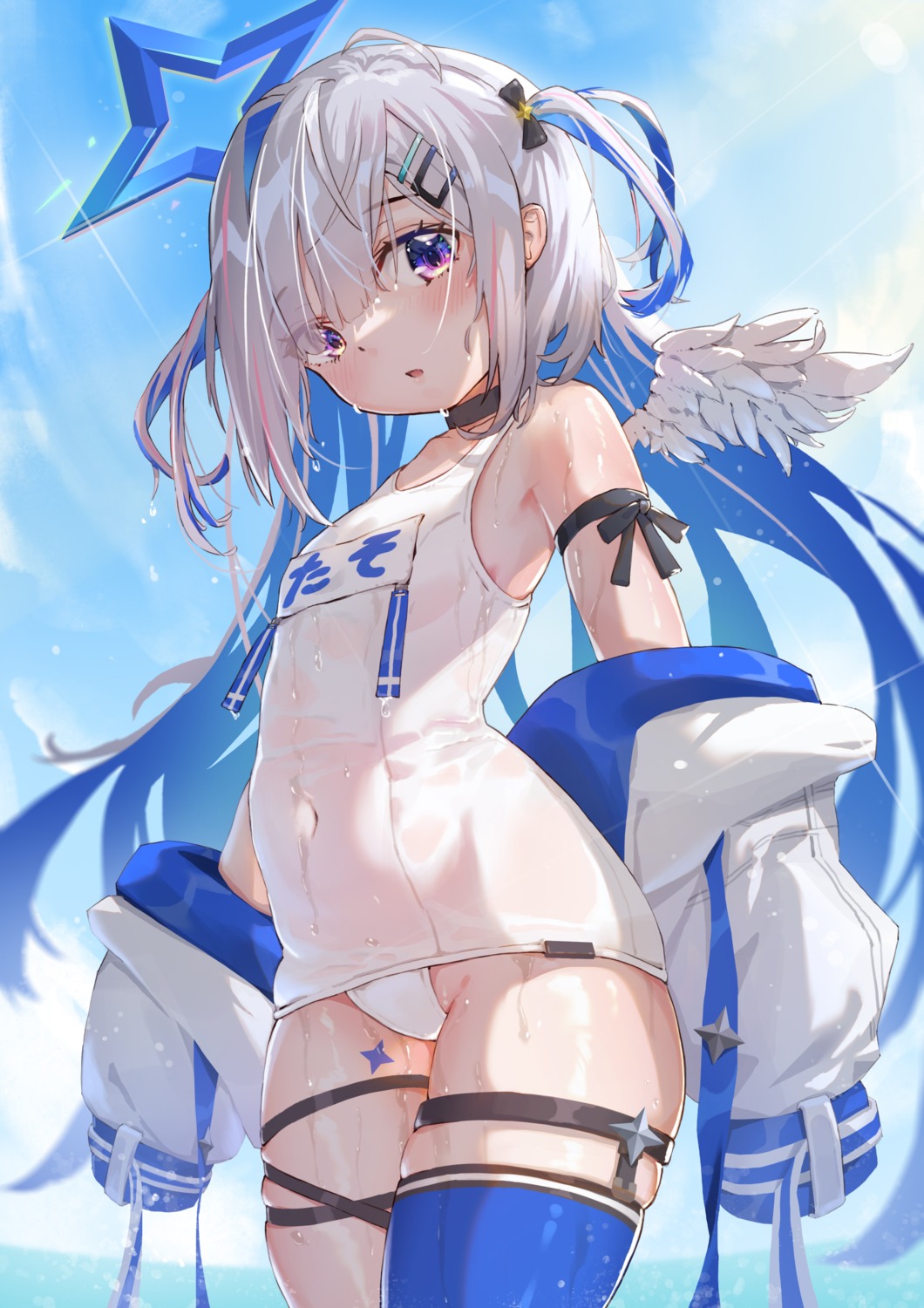 amane_kanata angel garter hololive juu_p school_swimsuit see_through stockings swimsuits thighhighs wet wet_clothes wings