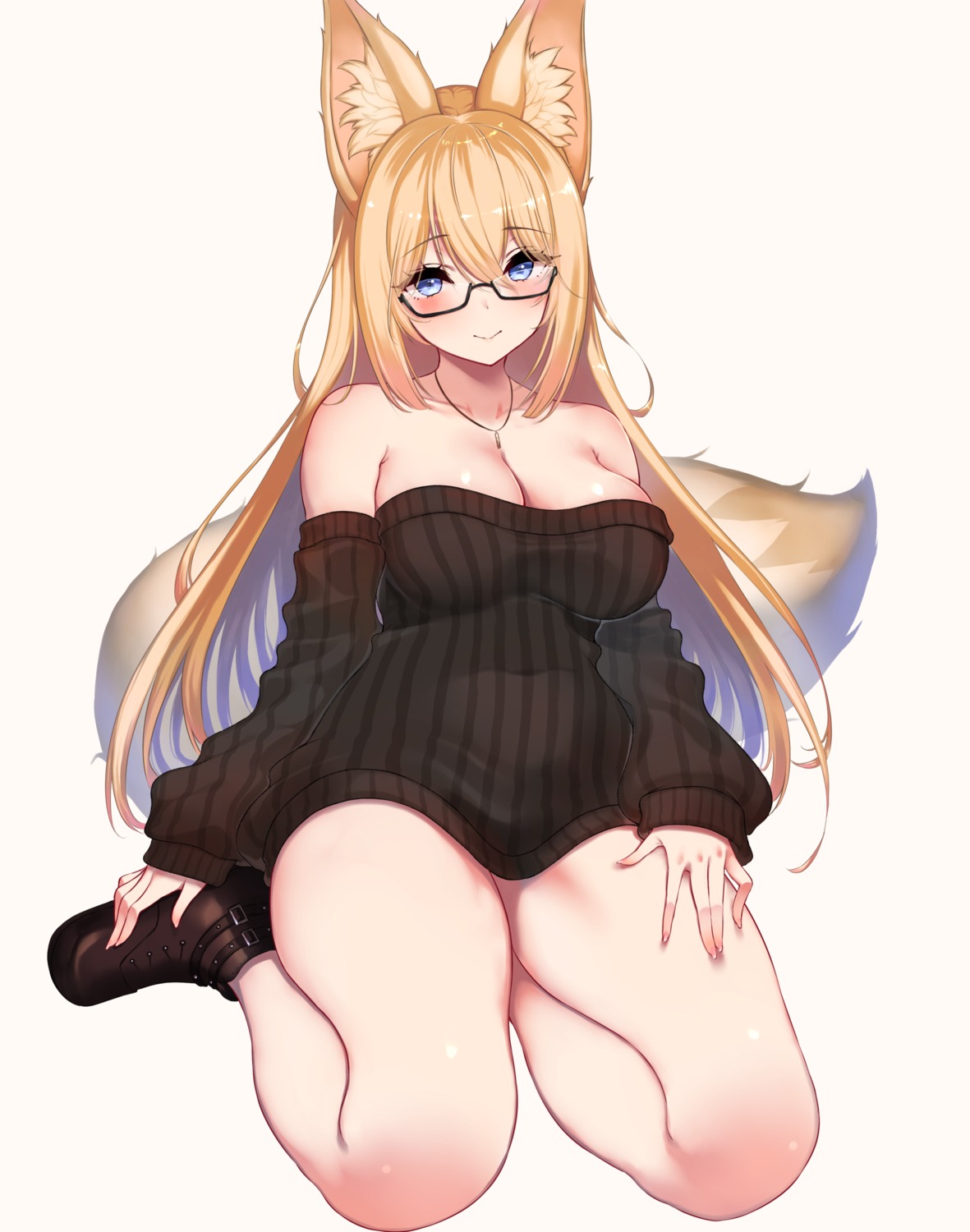 animal_ears kitsune masaoka_misaki megane no_bra sweater tail