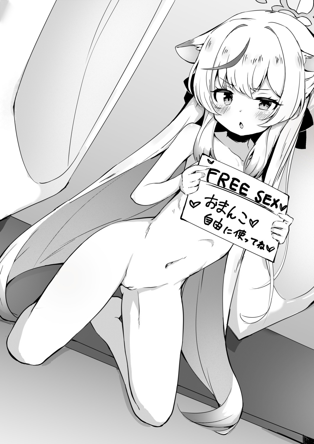 animal_ears blue_archive halo loli monochrome naked nekomimi pussy sunohara_kokona tagme uncensored