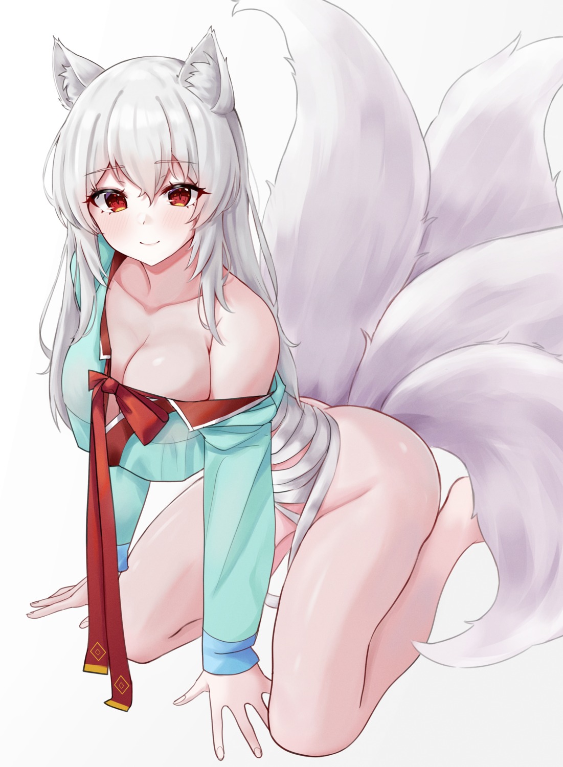 animal_ears asian_clothes bandages bottomless kano_(wi3028) kitsune no_bra open_shirt see_through tail
