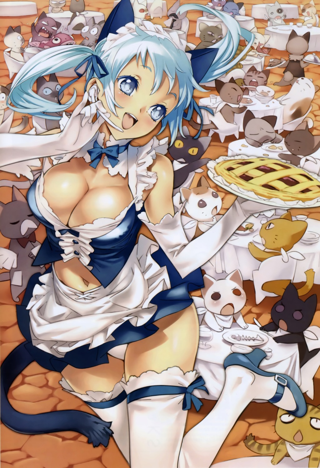 animal_ears cleavage garter neko nekomimi nishieda pantsu tail thighhighs waitress