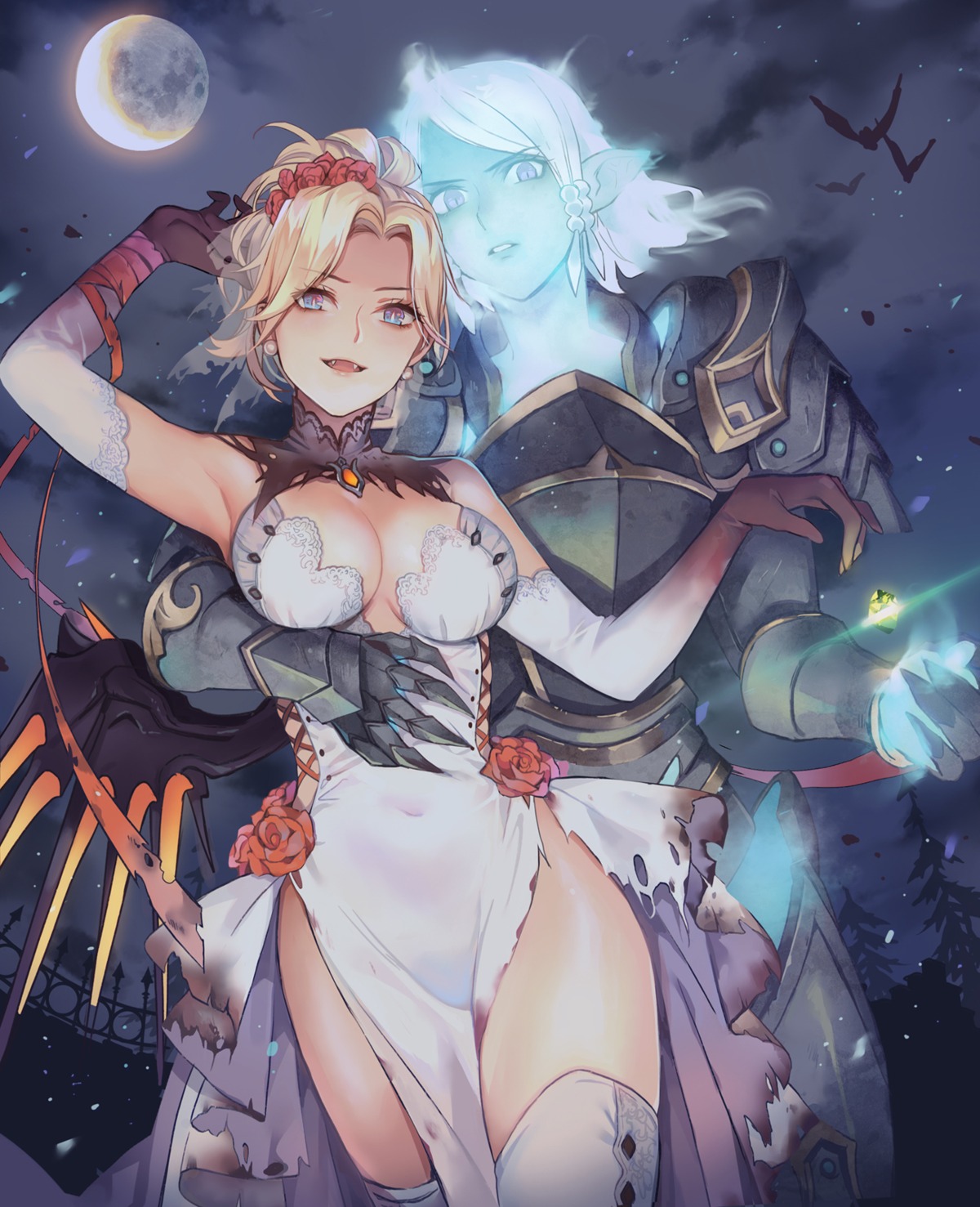 armor cleavage dress halloween lino_chang mercy_(overwatch) no_bra overwatch pharah thighhighs torn_clothes