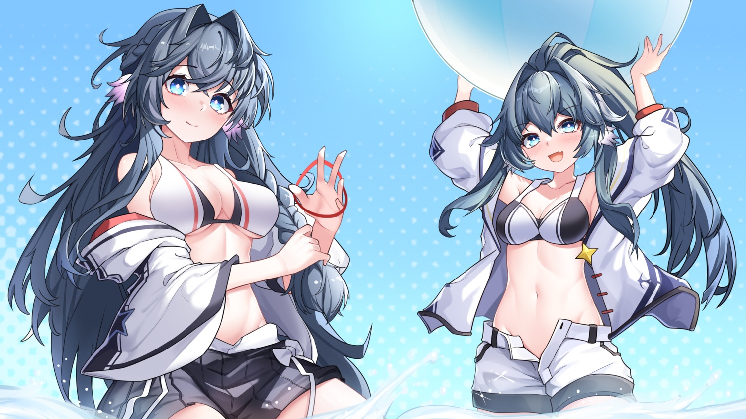 arknights astesia_(arknights) astgenne_(arknights) bikini_top cleavage ddddecade open_shirt swimsuits wallpaper wet