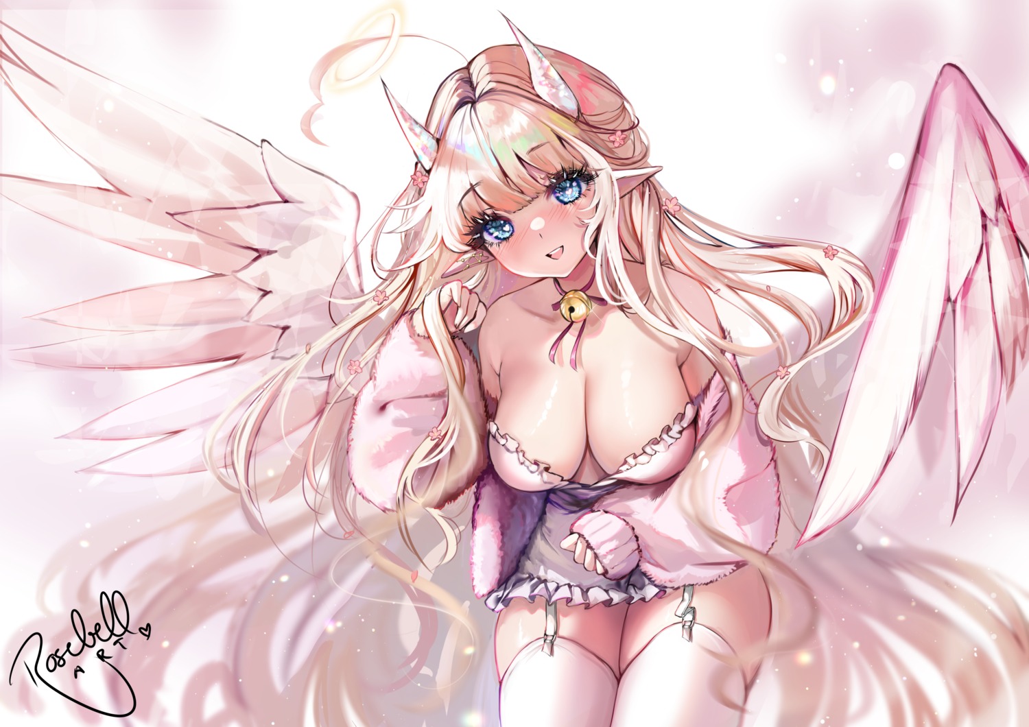 angel dress horns no_bra pointy_ears rosebell stockings thighhighs wings