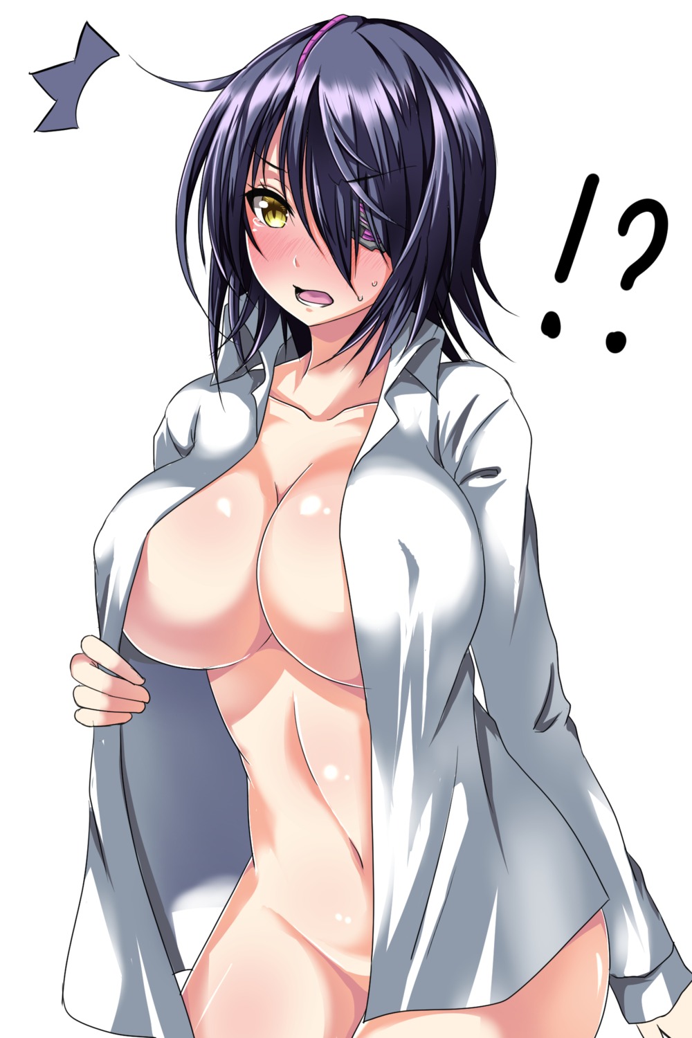 ar_mess bottomless cleavage dress_shirt erect_nipples eyepatch kantai_collection no_bra open_shirt tenryuu_(kancolle) underboob undressing