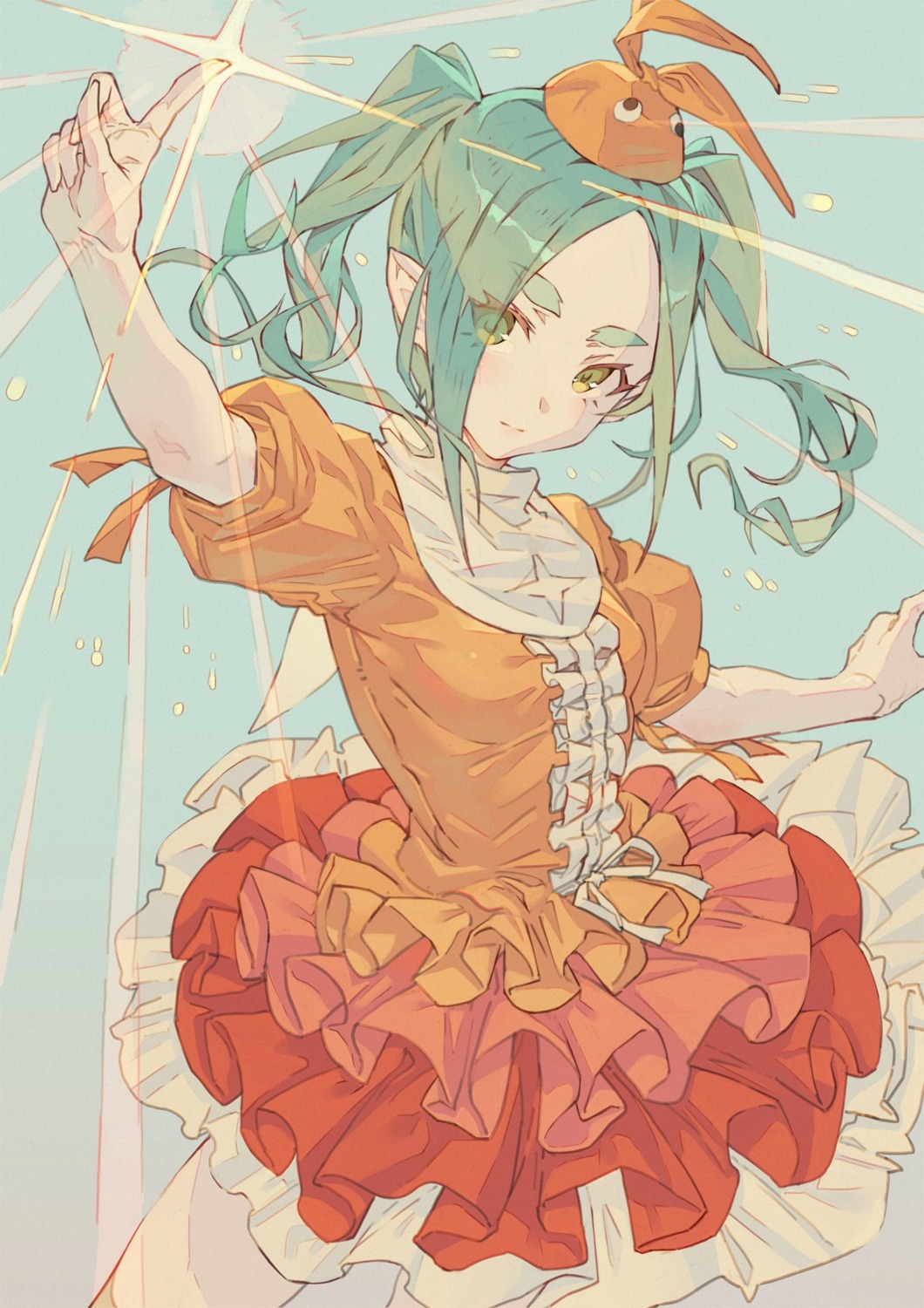 dress hong lolita_fashion monogatari_(series) ononoki_yotsugi pointy_ears skirt_lift tsukimonogatari