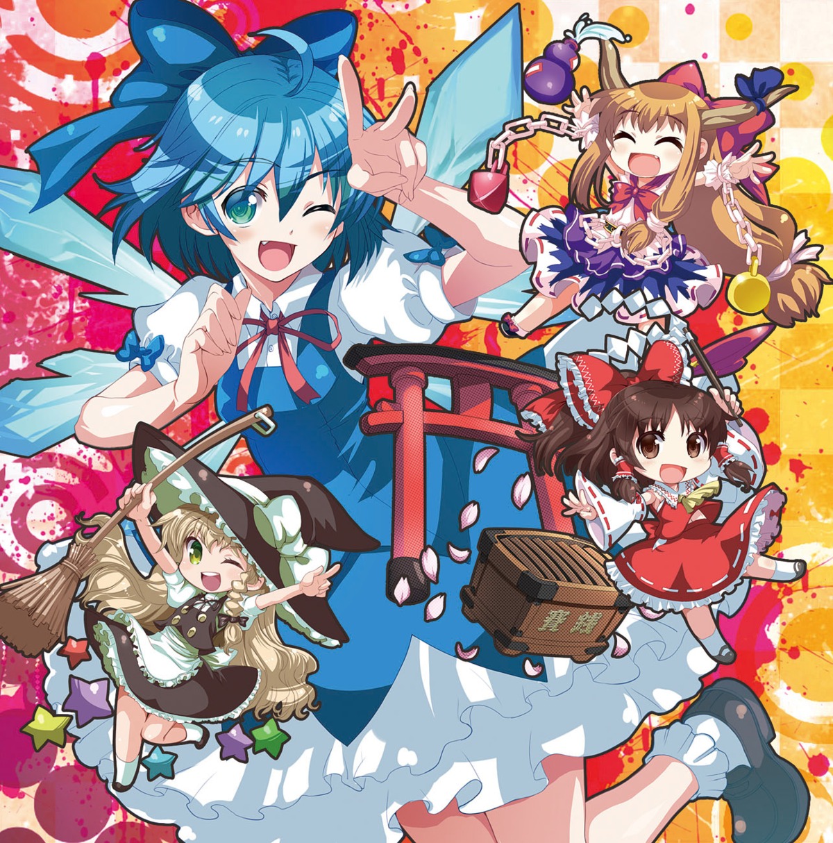 cirno hakurei_reimu ibuki_suika jpeg_artifacts kirisame_marisa shike_naoto touhou