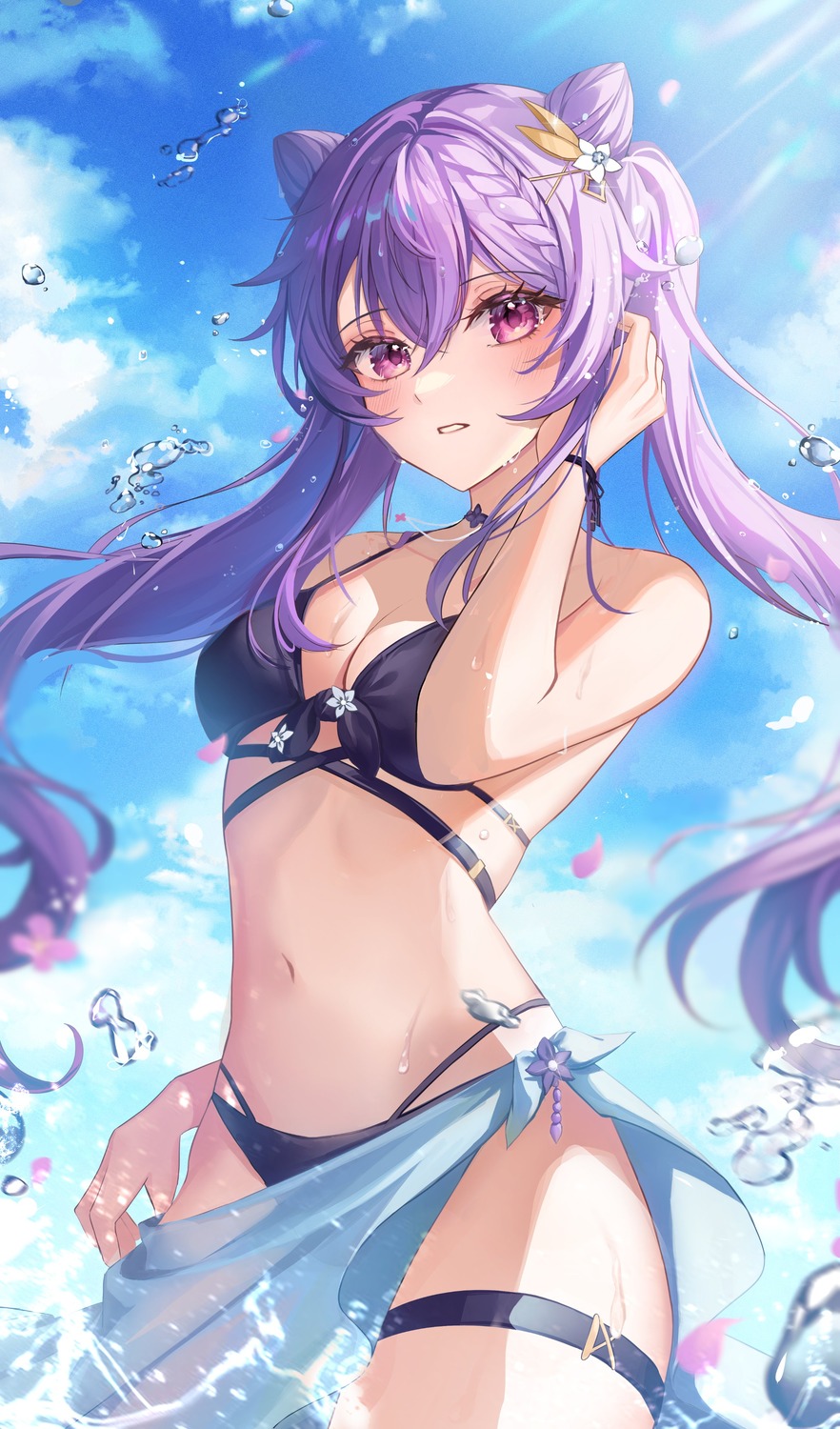 bikini cleavage genshin_impact keqing see_through swimsuits wet youwon0417