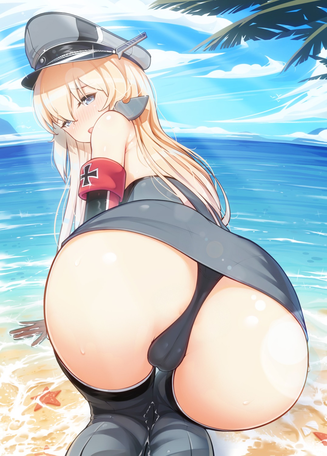 ass bismarck_(kancolle) cameltoe kantai_collection merrytail pantsu skirt_lift thighhighs thong uniform