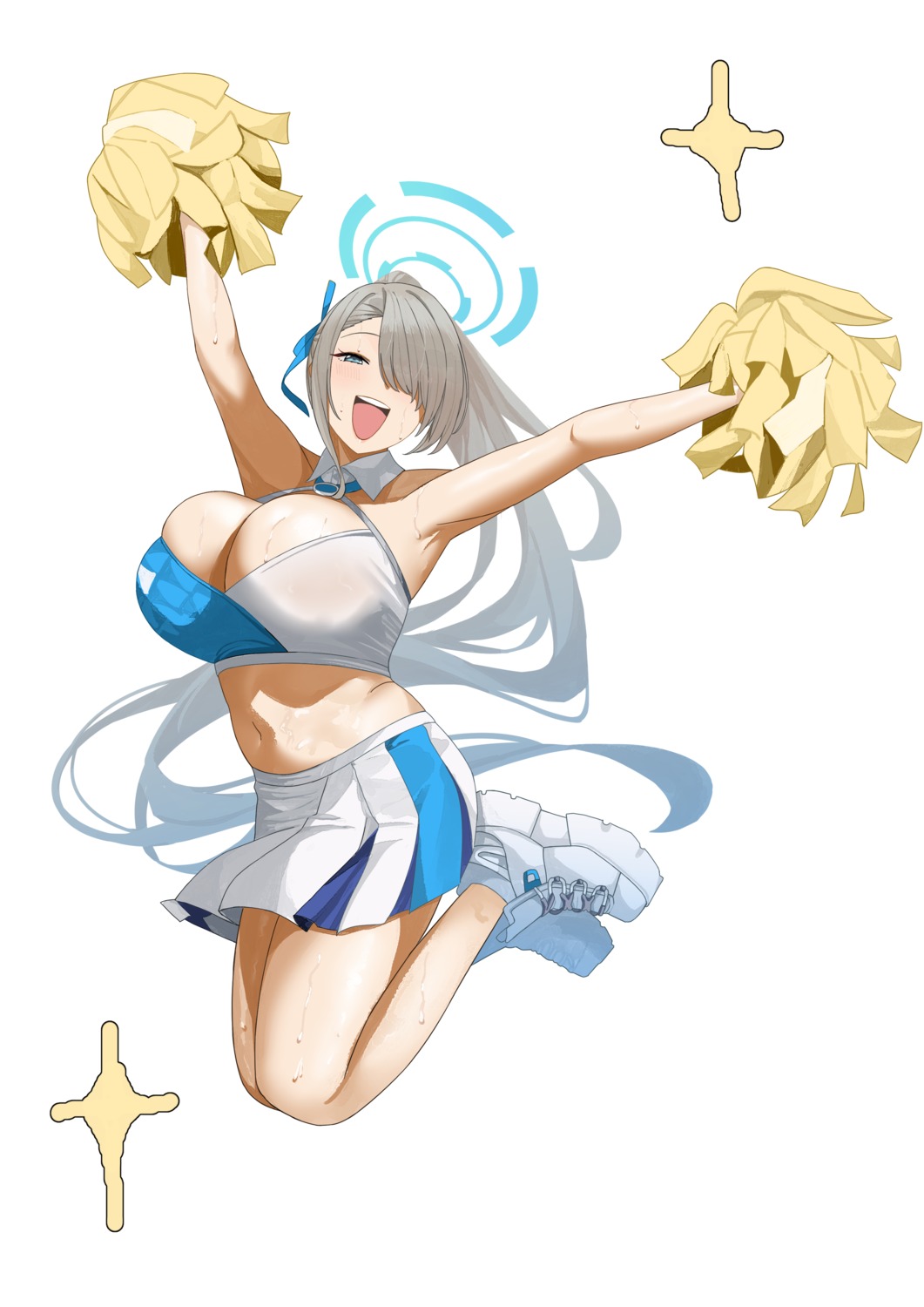 blue_archive cheerleader cosplay halo ichinose_asuna nekozuka_hibiki no_bra see_through skirt_lift tnr_(horiko1525) wet