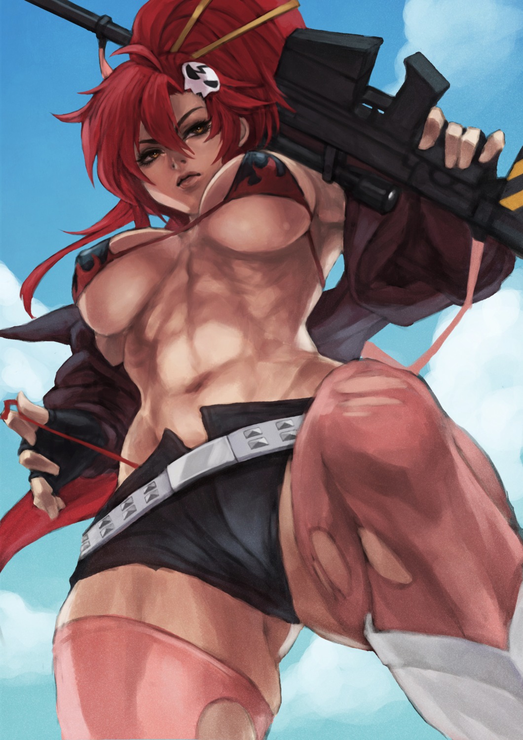 bikini erect_nipples gun monori_rogue open_shirt swimsuits tengen_toppa_gurren_lagann thighhighs torn_clothes undressing yoko