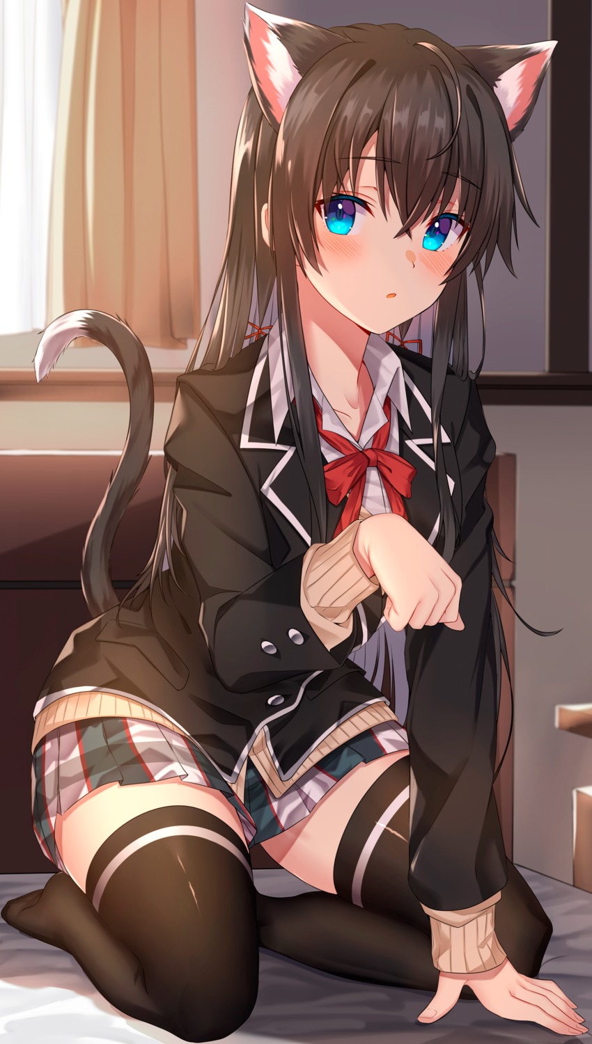 animal_ears jun_(aousa0328) nekomimi seifuku sweater tail thighhighs yahari_ore_no_seishun_lovecome_wa_machigatteiru. yukinoshita_yukino