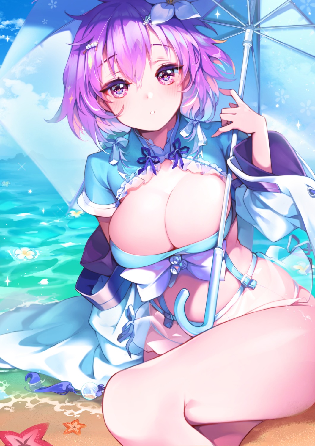 bikini houchi_shoujo kanola_u open_shirt see_through swimsuits umbrella wet