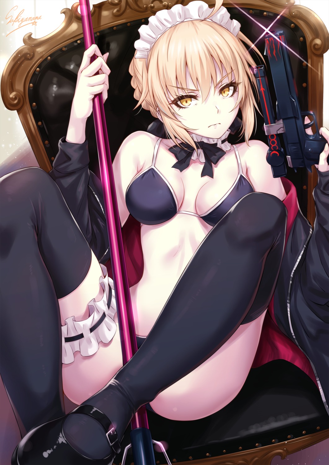 bikini cleavage fate/grand_order garter gun saber saber_alter sakiyamama swimsuits thighhighs