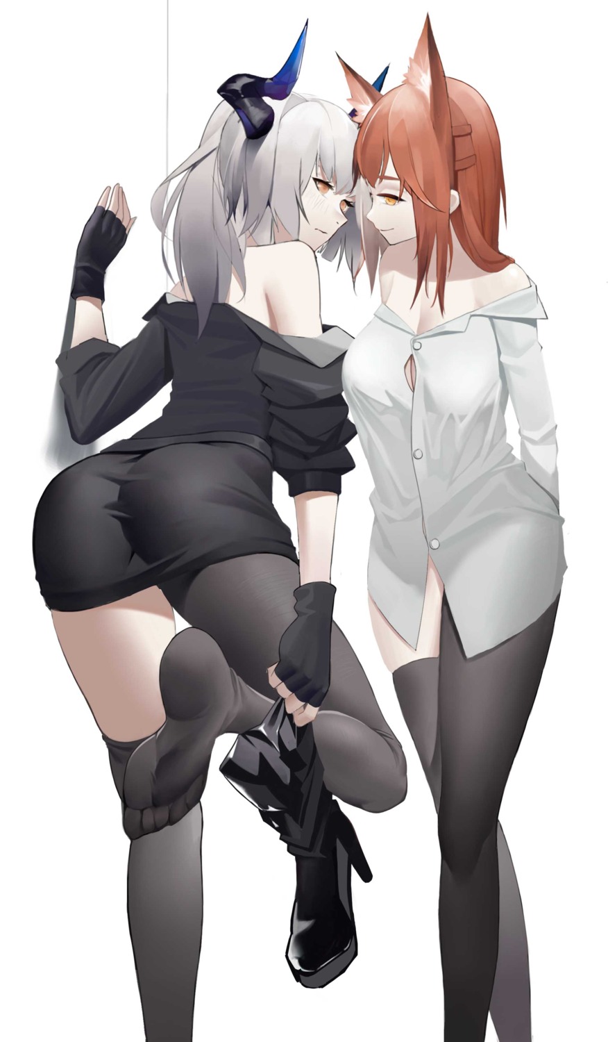 aaakira animal_ears arknights ass dress_shirt feet franka_(arknights) heels higurashi_no_naku_koro_ni liskarm_(arknights) no_bra open_shirt thighhighs undressing yuri