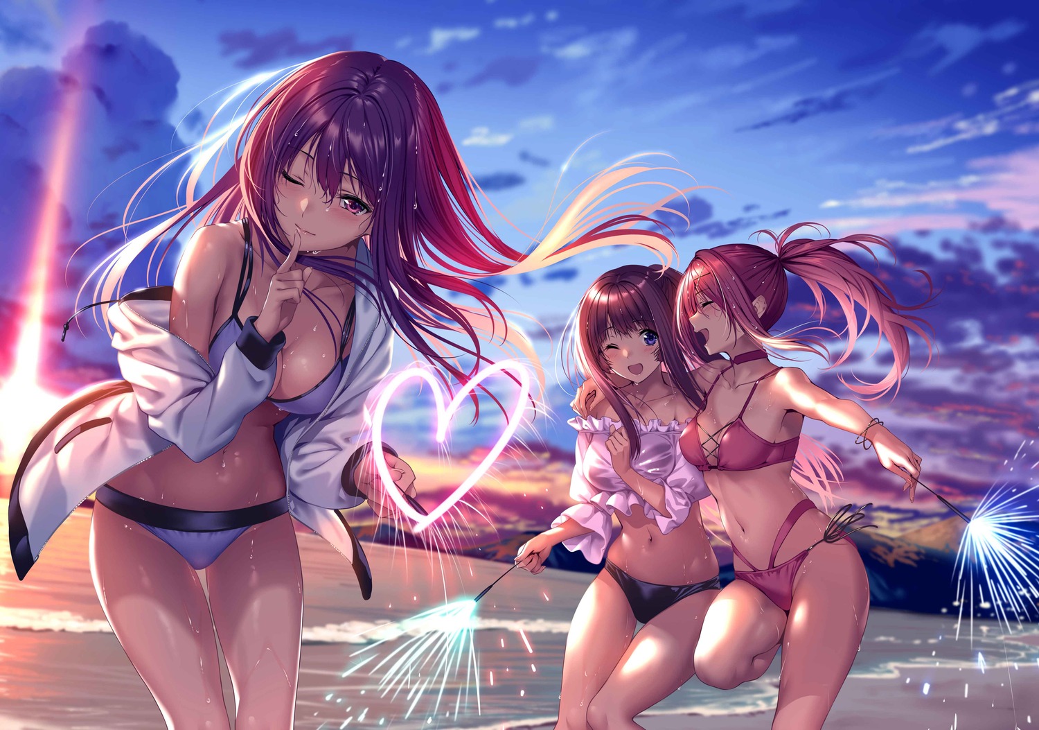 bikini cleavage hanikami_kanojo minazumi_kasane myouga_satsuki open_shirt piromizu see_through shizuki_neru swimsuits